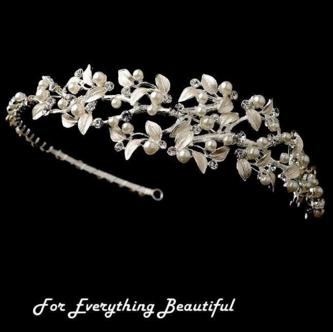 Image 0 of Silver Rhinestone Ivory Floral Side Wedding Bridal Headband
