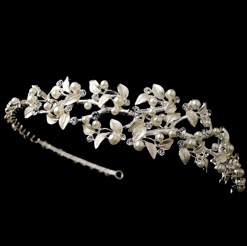 Image 1 of Silver Rhinestone Ivory Floral Side Wedding Bridal Headband