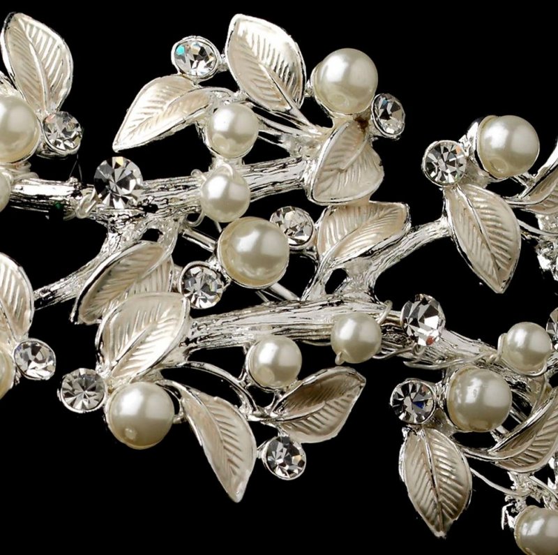 Image 3 of Silver Rhinestone Ivory Floral Side Wedding Bridal Headband