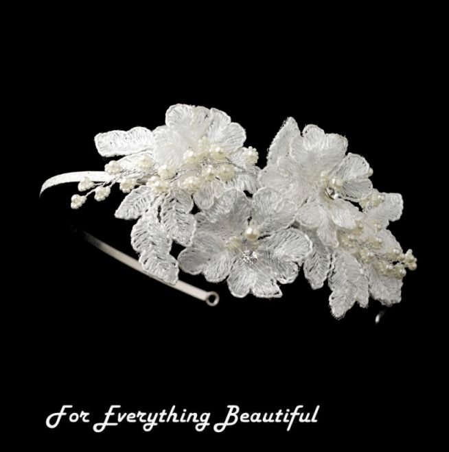 Image 0 of White Lace Pearl Floral Rhinestone Accent Wedding Bridal Headband