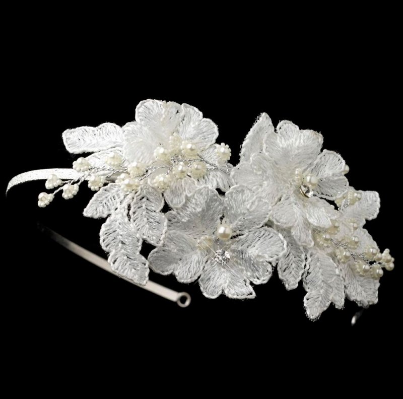 Image 1 of White Lace Pearl Floral Rhinestone Accent Wedding Bridal Headband