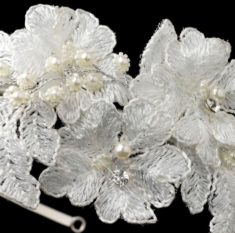 Image 3 of White Lace Pearl Floral Rhinestone Accent Wedding Bridal Headband