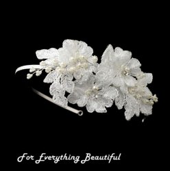 White Lace Pearl Floral Rhinestone Accent Wedding Bridal Headband