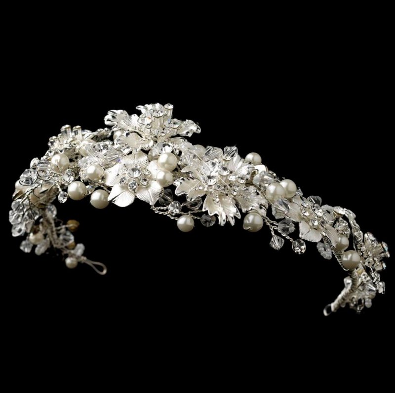 Image 1 of Winter Fire Rhinestone Pearl Floral Wedding Bridal Headband