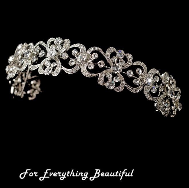 Image 0 of Heart Crystal Encrusted Rhinestone Ribbon Wedding Bridal Headband