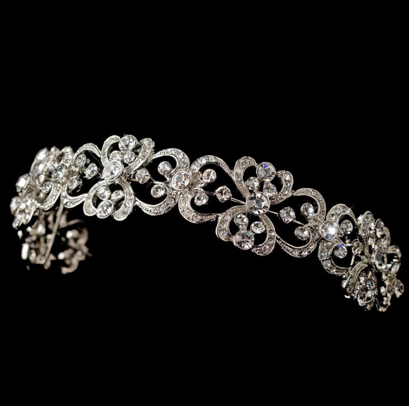 Image 1 of Heart Crystal Encrusted Rhinestone Ribbon Wedding Bridal Headband