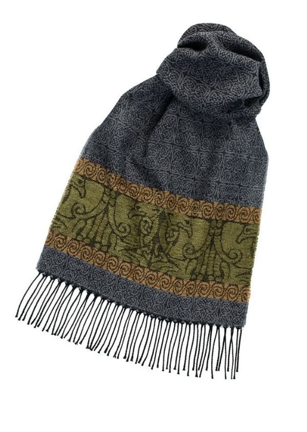 Image 3 of Celtic Birds Grey Chenille Wool Fringed Jacquard Scarf