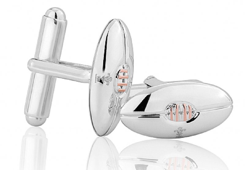 Image 1 of Rugby Union Football Welsh Rose Gold Detail Mens Sterling Silver Cufflinks