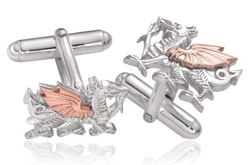 Image 1 of Welsh Dragon Welsh Rose Gold Detail Mens Sterling Silver Cufflinks