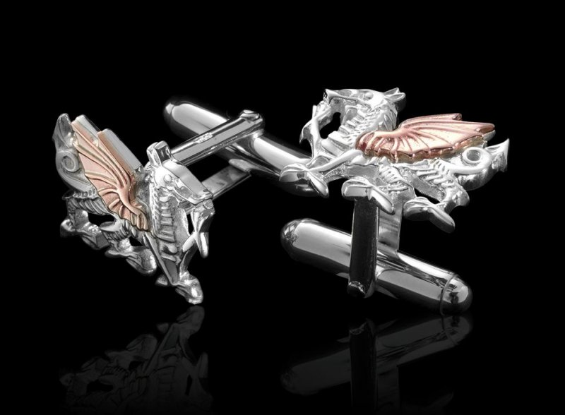 Image 2 of Welsh Dragon Welsh Rose Gold Detail Mens Sterling Silver Cufflinks