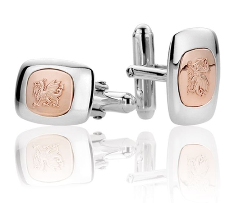 Image 1 of Welsh Dragon Insert Welsh Rose Gold Detail Mens Sterling Silver Cufflinks