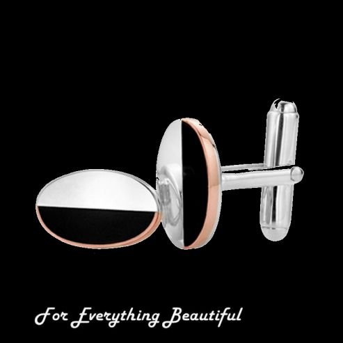 Image 0 of Black Onyx Oval Welsh Rose Gold Detail Mens Sterling Silver Cufflinks