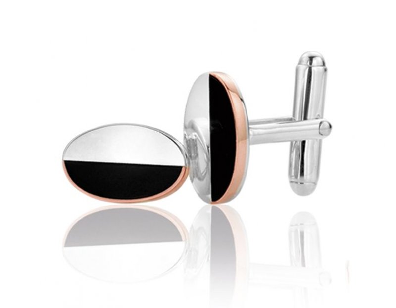 Image 1 of Black Onyx Oval Welsh Rose Gold Detail Mens Sterling Silver Cufflinks