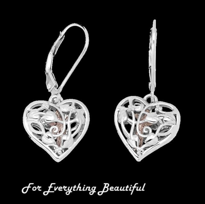 Image 0 of Welsh Fairies Filigree Heart Welsh Rose Gold Detail Sterling Silver Earrings