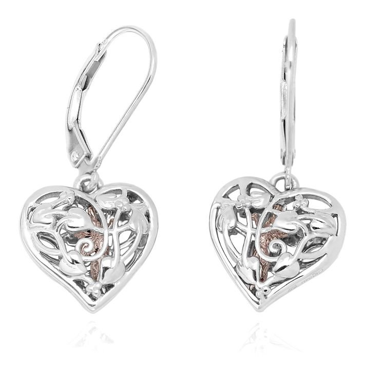 Image 1 of Welsh Fairies Filigree Heart Welsh Rose Gold Detail Sterling Silver Earrings