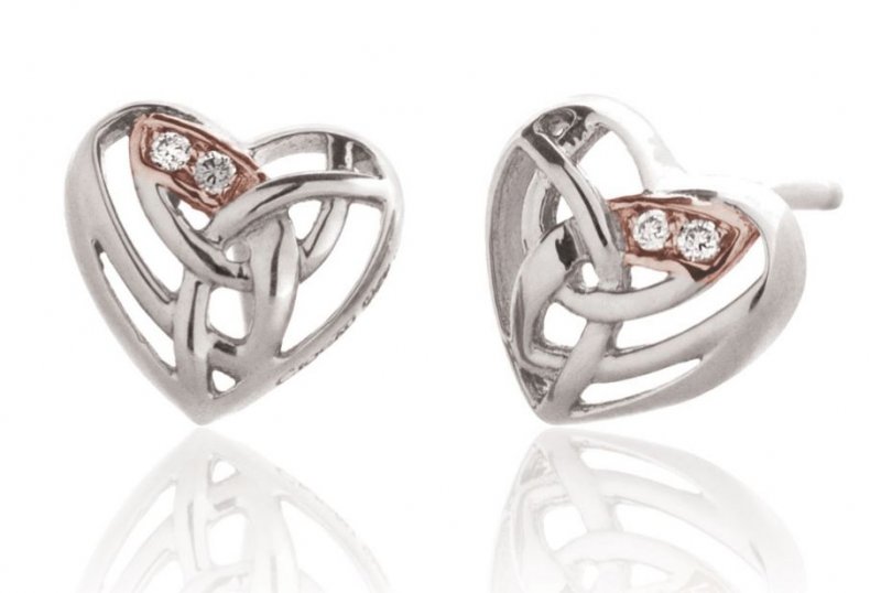 Image 1 of Eternal Love Heart Diamond Welsh Rose Gold Detail Sterling Silver Earrings