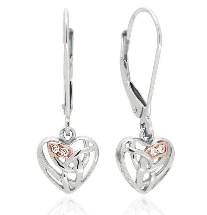 Image 1 of Eternal Love Heart Diamond Welsh Rose Gold Leverback Sterling Silver Earrings