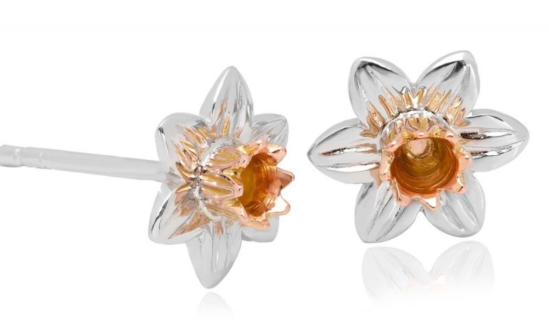 Image 1 of Daffodil Flowers Welsh Rose Gold Detail Sterling Silver Earrings