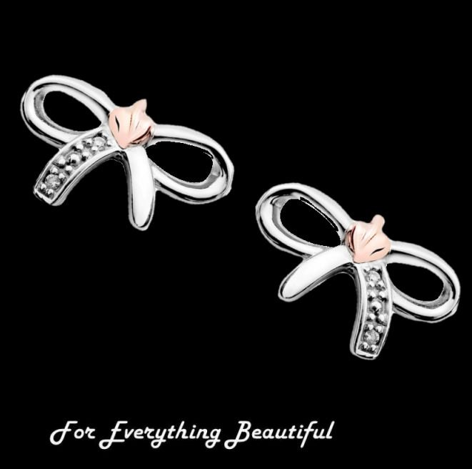 Image 0 of Tree Of Life Bow Diamond Welsh Rose Gold Detail Sterling Silver Earrings