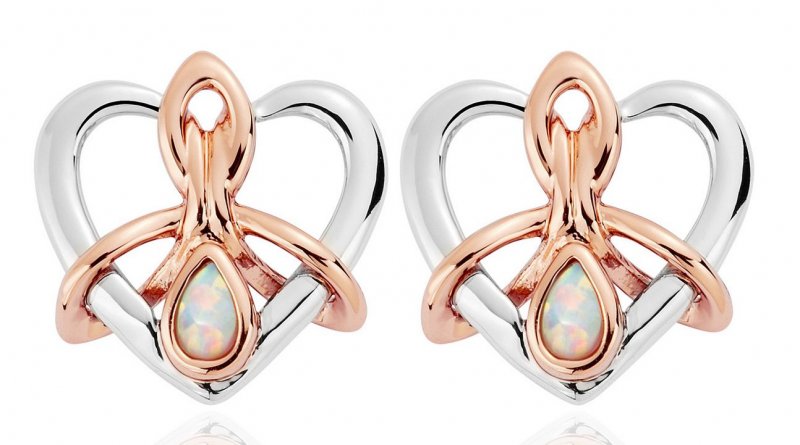 Image 1 of Dwynwen Opal Heart Welsh Rose Gold Detail Stud Sterling Silver Earrings