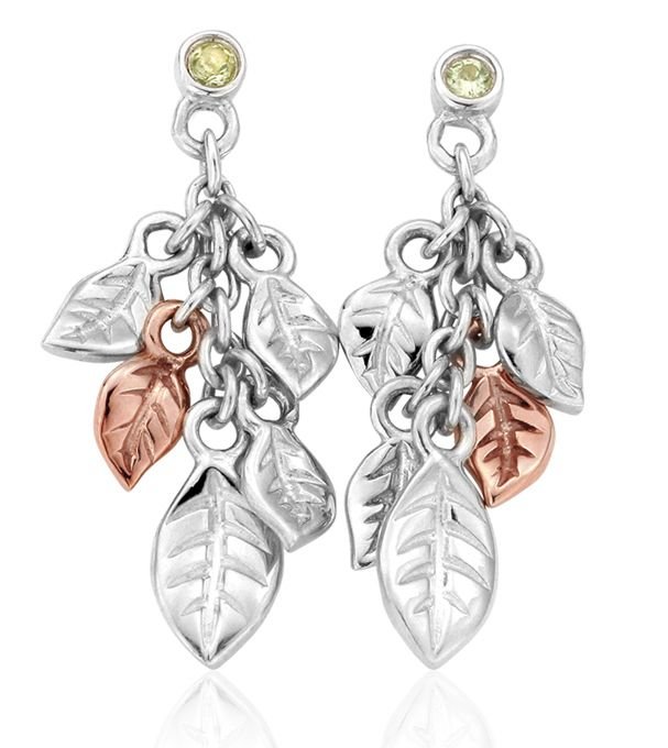 Image 1 of Awelon Leaves Green Peridot Welsh Rose Gold Detail Sterling Silver Earrings