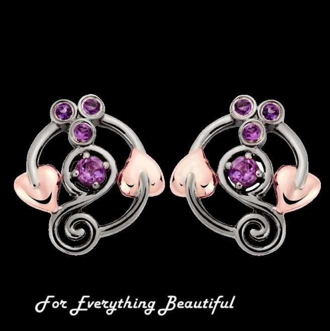 Image 0 of Origin Purple Amethyst Welsh Rose Gold Detail Sterling Silver Earrings