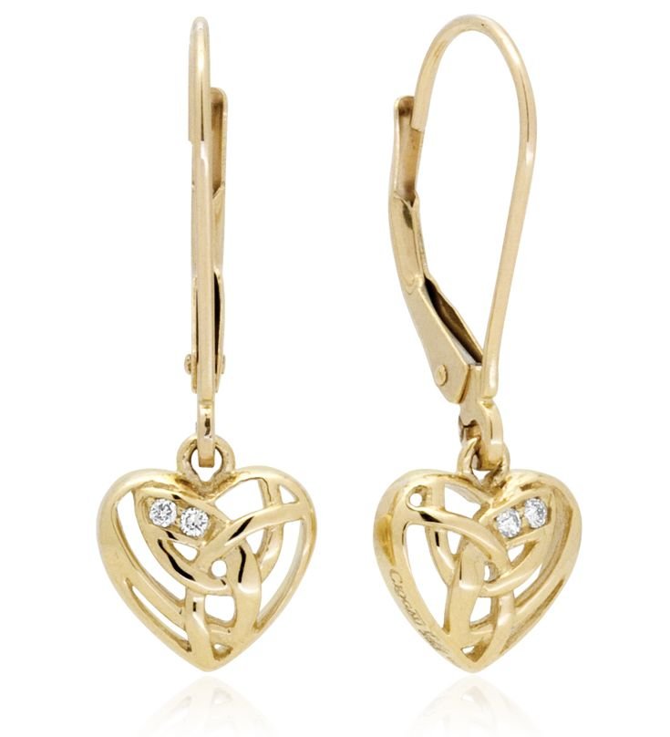 Image 1 of Eternal Love Heart Diamond Welsh Gold Leverback 9K Yellow Gold Earrings