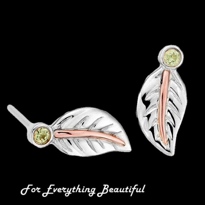 Image 0 of Awelon Leaf Green Peridot Welsh Rose Gold Detail Stud Sterling Silver Earrings