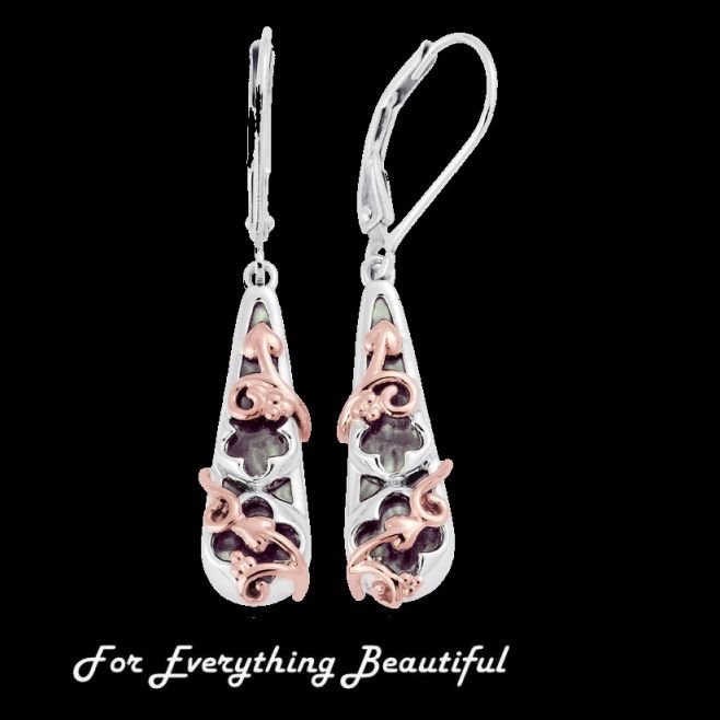 Image 0 of Black Mother Of Pearl Welsh Rose Gold Detail Sterling Silver Earrings