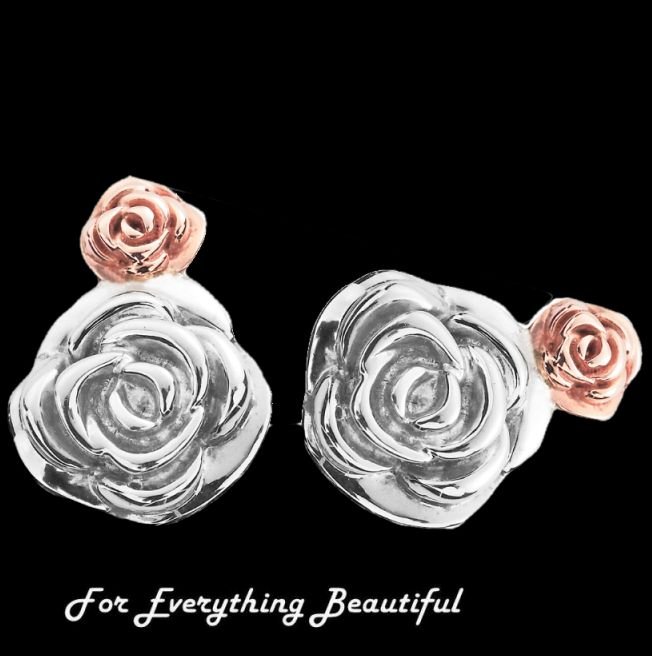 Image 0 of Glyn Rhosyn Roses Welsh Rose Gold Detail Stud Sterling Silver Earrings