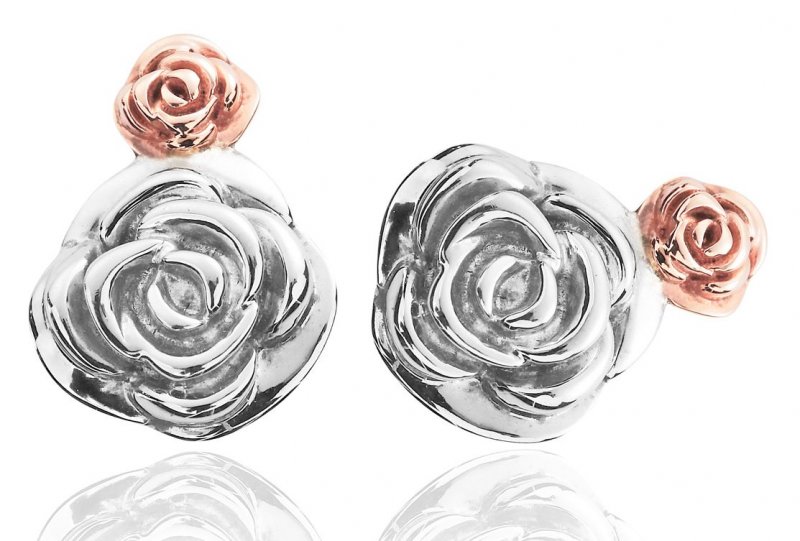 Image 1 of Glyn Rhosyn Roses Welsh Rose Gold Detail Stud Sterling Silver Earrings