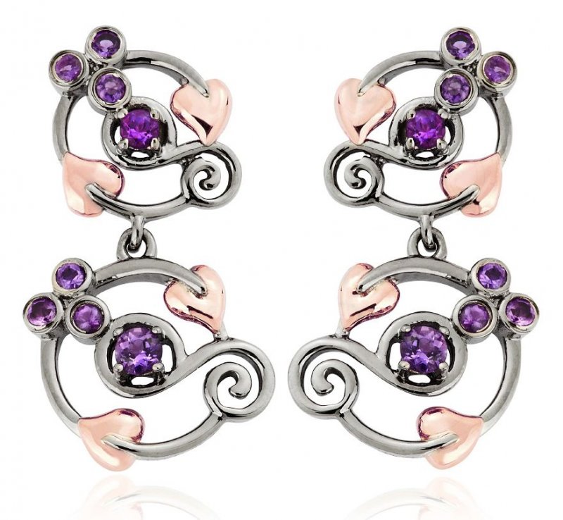 Image 1 of Origin Purple Amethyst Drop Welsh Rose Gold Detail Sterling Silver Earrings