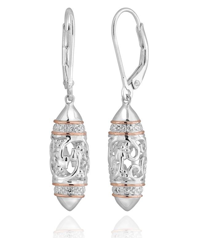 Image 1 of Am Byth Filigree Drop Diamond Welsh Rose Gold Detail Sterling Silver Earrings