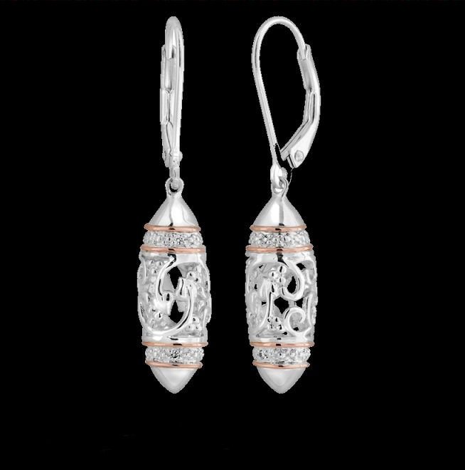 Image 0 of Am Byth Filigree Drop Diamond Welsh Rose Gold Detail Sterling Silver Earrings