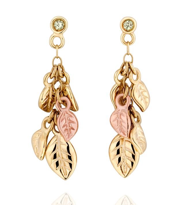 Image 1 of Awelon Leaves Green Peridot Welsh Rose Gold Detail 9K Yellow Gold Earrings