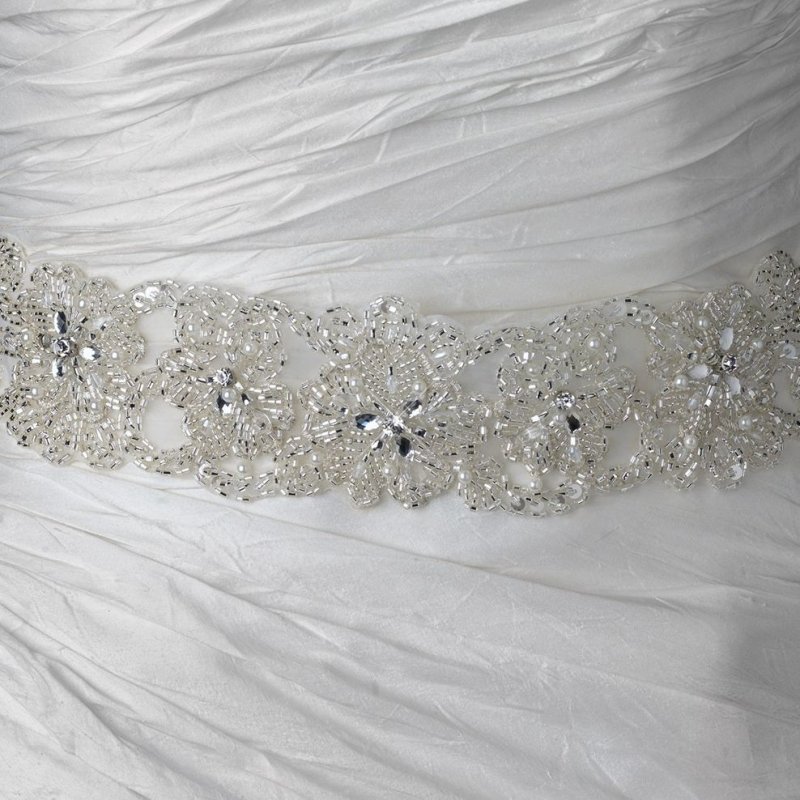 Image 1 of Rhinestone Ivory Pearl Accent Beaded Organza Bridal Belt Wedding Sash