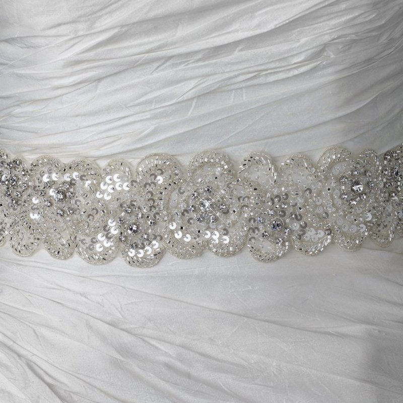 Image 1 of Rhinestone Sequin Beaded Organza Bridal Belt Wedding Sash