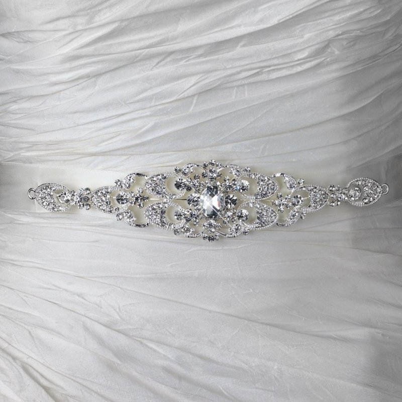 Image 1 of Starburst Rhinestone Crystal Beaded Satin Ribbon Bridal Belt Wedding Sash