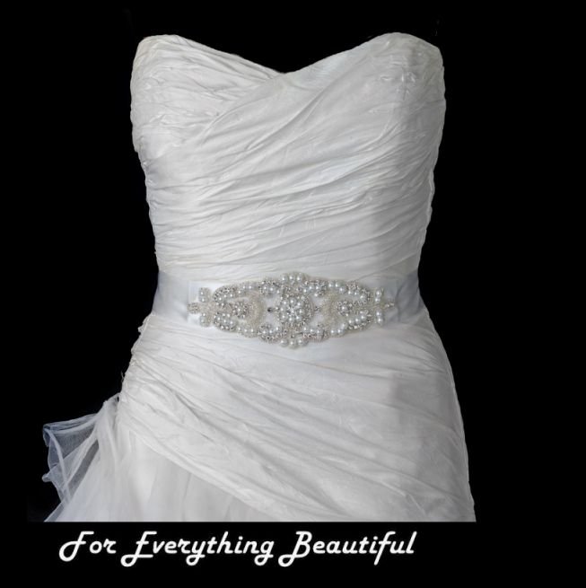 Image 0 of Starburst Rhinestone Pearl Beaded Satin Ribbon Bridal Belt Wedding Sash