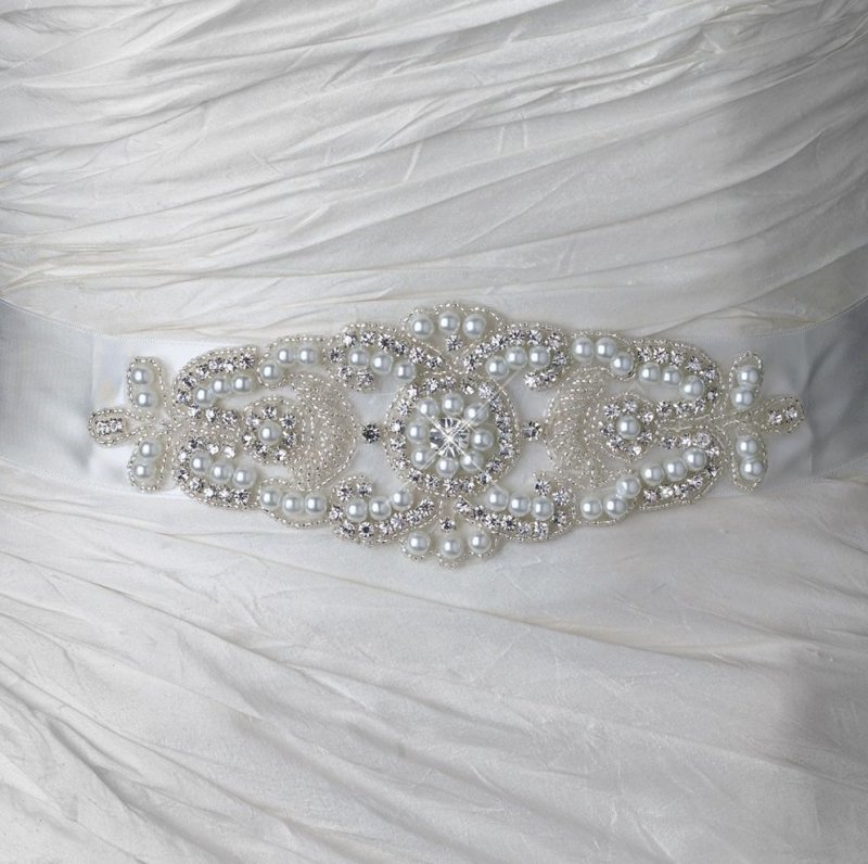 Image 1 of Starburst Rhinestone Pearl Beaded Satin Ribbon Bridal Belt Wedding Sash
