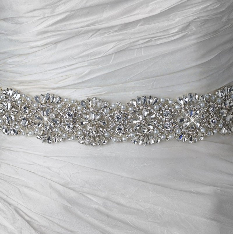 Image 1 of Endless Starburst Rhinestone Pearl Beaded Satin Ribbon Bridal Belt Wedding Sash