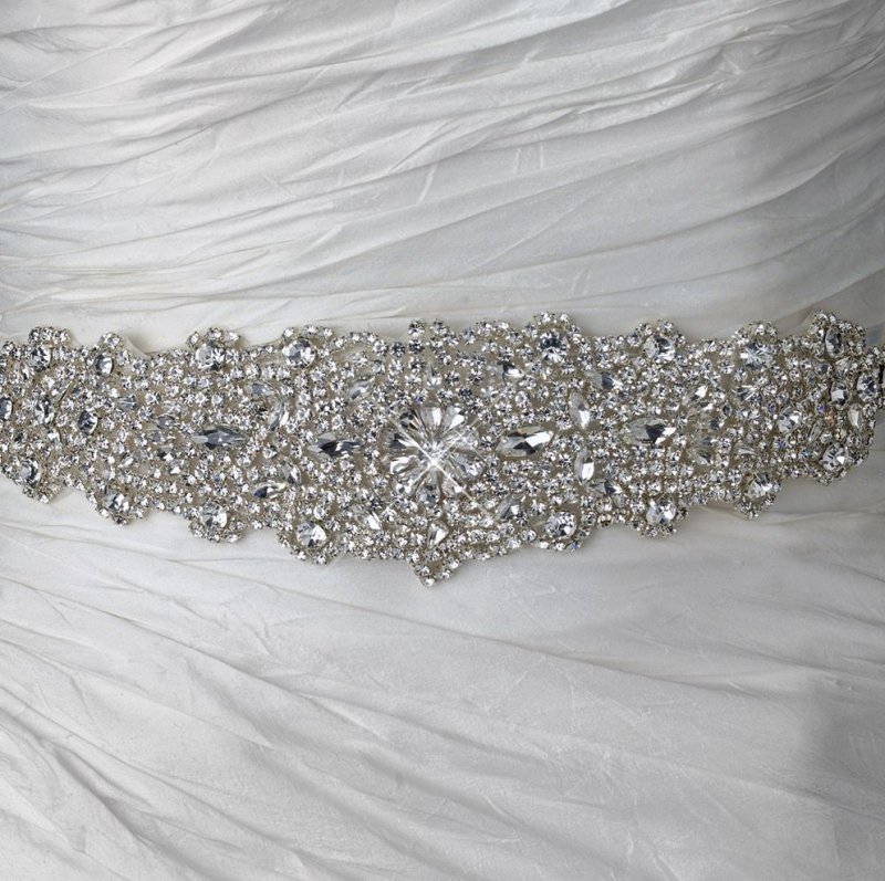 Image 1 of Fantasy Starburst Rhinestone Crystal Beaded Ribbon Bridal Belt Wedding Sash