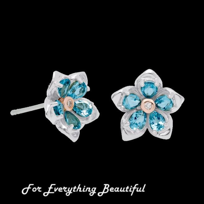 Image 0 of Forget Me Not Flower Topaz Welsh Rose Gold Detail Sterling Silver Earrings