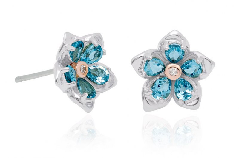 Image 1 of Forget Me Not Flower Topaz Welsh Rose Gold Detail Sterling Silver Earrings