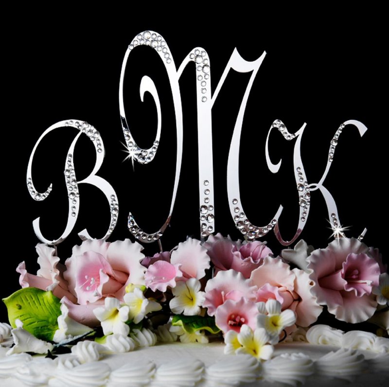 Image 1 of Monogram Initial Crystal Accent Sterling Silver Plated Wedding Cake Topper Set