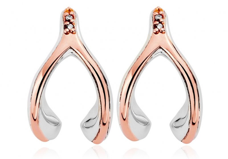 Image 1 of Wishbone Diamond Welsh Rose Gold Detail Stud Sterling Silver Earrings