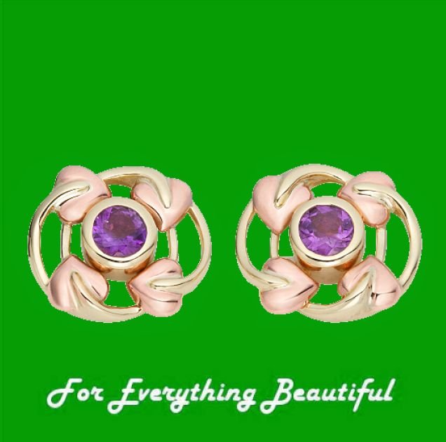 Image 0 of Love Vine Purple Amethyst Welsh Rose Gold Detail 9K Yellow Gold Earrings