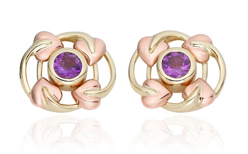 Image 1 of Love Vine Purple Amethyst Welsh Rose Gold Detail 9K Yellow Gold Earrings
