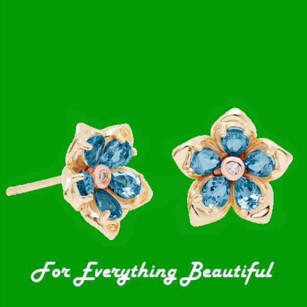Image 0 of Forget Me Not Flower Topaz Welsh Rose Gold Detail 9K Yellow Gold Earrings