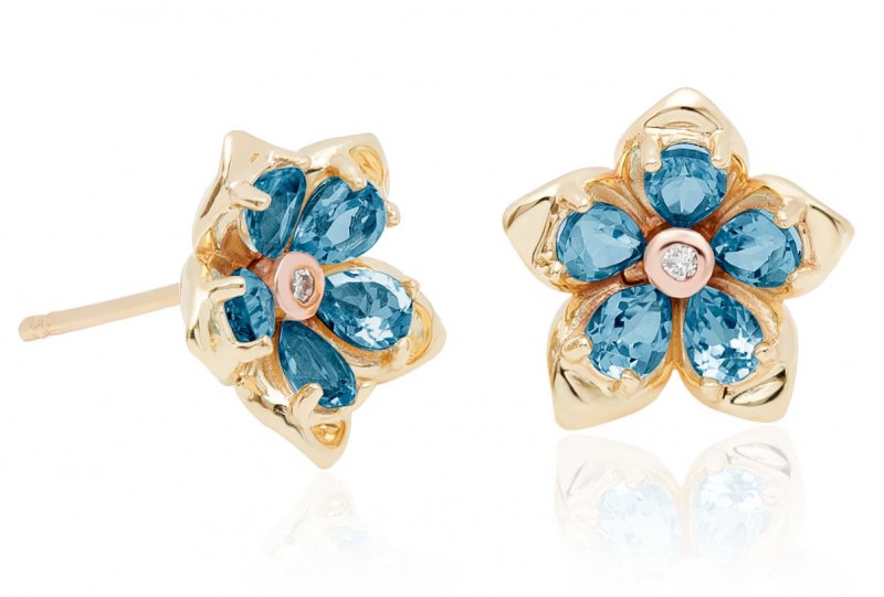 Image 1 of Forget Me Not Flower Topaz Welsh Rose Gold Detail 9K Yellow Gold Earrings